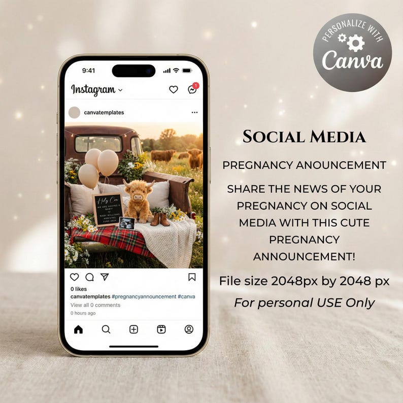 May include: A smartphone displays a social media post announcing a pregnancy. The post features a plush Highland cow, balloons, and a sign. Text on the screen reads "Social Media Pregnancy Announcement" and "Share the news of your pregnancy on social media."