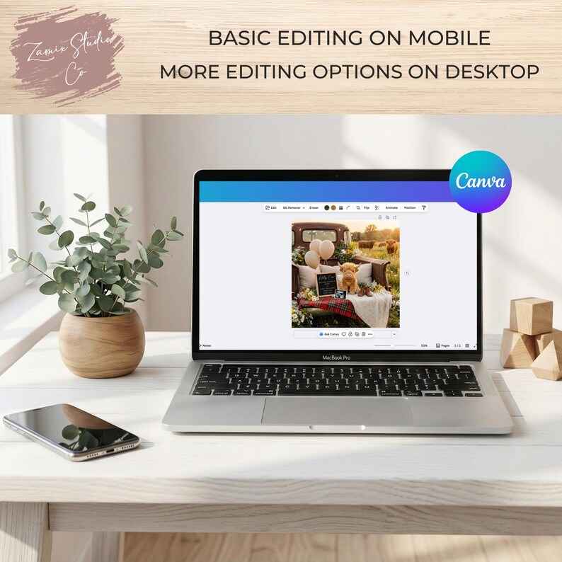 May include: A laptop displays a photo editing interface with the Canva logo. The screen shows a staged photo with balloons and a stuffed animal in a truck bed. Text above the laptop reads "BASIC EDITING ON MOBILE, MORE EDITING OPTIONS ON DESKTOP."