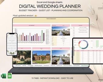 Editable Digital Wedding Planner, Budget Tracker, Guest List, Wedding Check List, Seating Plan, Itinerary