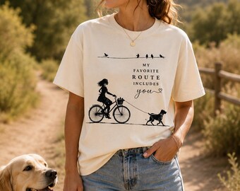 Fietsshirt voor hondenmoeders, T-shirt met de tekst "Mijn favoriete route omvat jou", cadeau voor fietsliefhebbers