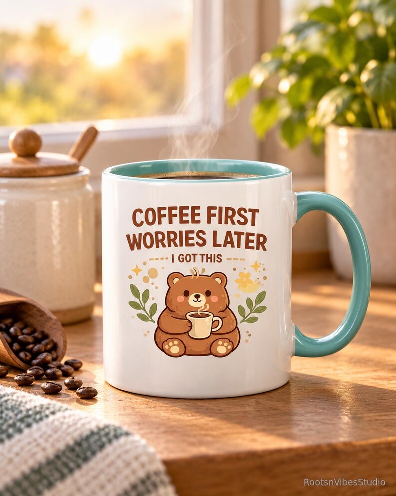 Op de afbeelding: Een witte keramische mok met een talingkleurige binnenkant en handvat, voorzien van een bruine beer die een klein kopje vasthoudt. De tekst luidt COFFEE FIRST WORRIES LATER I GOT THIS. Stoom stijgt op uit de mok met een donkere drank.