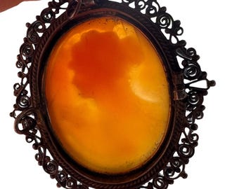 Antique Edwardian Hand Carved Shell Cameo Pendant Filigree Lady Portrait
