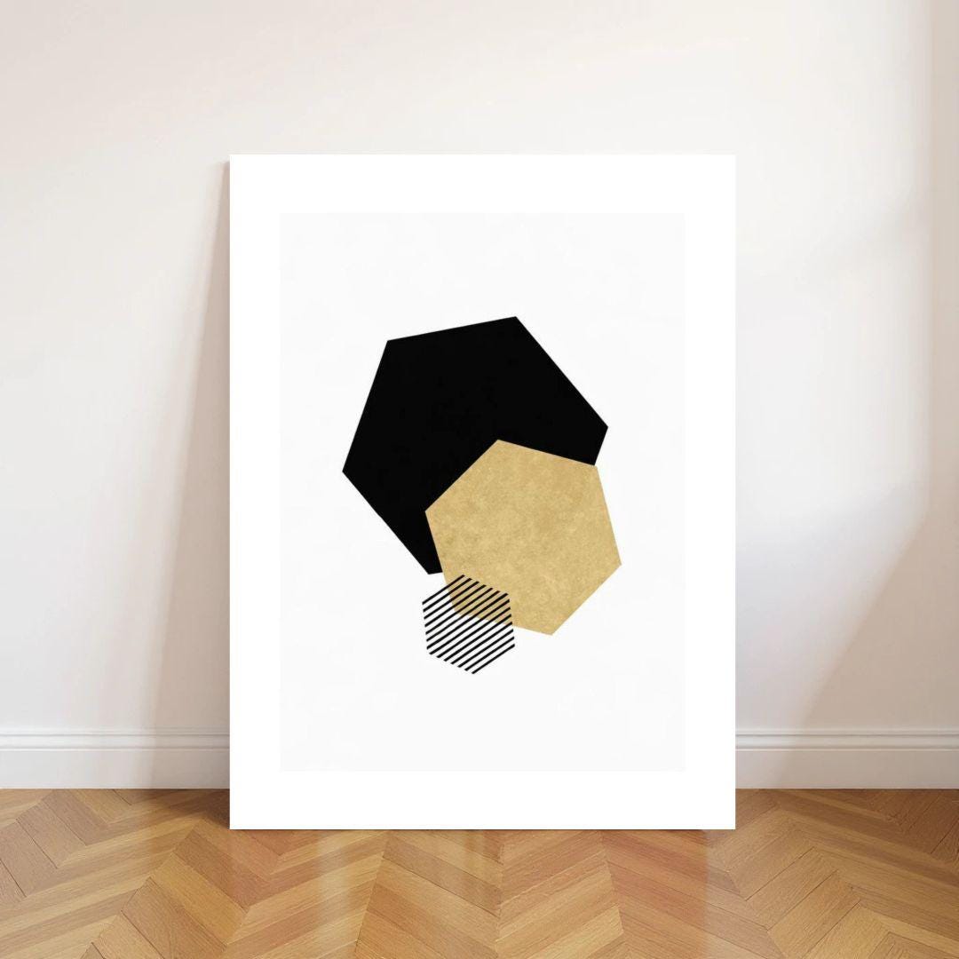 Black and Gold Abstract Hexagon Print, Minimalist Geometric Wall Art ...