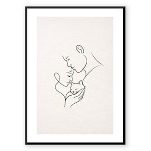 Couple With Cat Art Print, One Line Family Illustration, Pet Lover Line Drawing, Digital Vertical