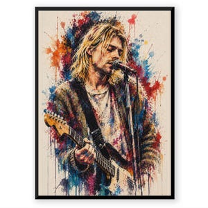 Puede incluir: Una impresión artística vertical que presenta un retrato al estilo acuarela de un músico con cabello rubio largo, vistiendo un cárdigan texturizado, tocando una guitarra eléctrica y cantando ante un micrófono, sobre un fondo de salpicaduras de pintura vibrante.