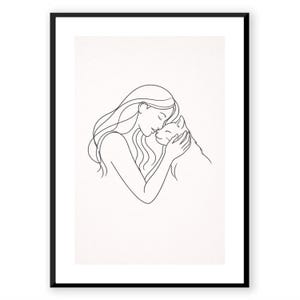 Peut inclure: Impression d'art encadrée en noir représentant un dessin au trait minimaliste d'une personne embrassant un chat. L'œuvre est en noir sur fond blanc, créant une scène simple et réconfortante. Idéale pour la décoration intérieure.