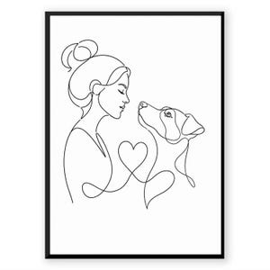 Peut inclure: Impression d'art encadrée en noir. Dessin au trait minimaliste d'une personne et d'un chien. L'œuvre représente une personne regardant un chien, avec une forme de cœur formée par un trait continu, le tout en noir sur fond blanc.