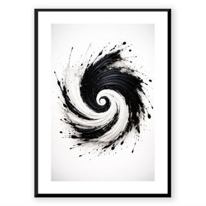 Peut inclure: Impression artistique abstraite en spirale noire et blanche dans un cadre noir. L'œuvre présente un tourbillon dynamique de peinture noire et blanche, créant une sensation de mouvement et d'énergie. Le design est de style moderne et minimaliste.