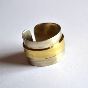 Two Tone Unisex Ring, Minimalist Everyday Ring, Mixed Metals Ring, Wide Band Ring, Silver and Gold Cuff Ring, Simple Brushed Mens Ring
