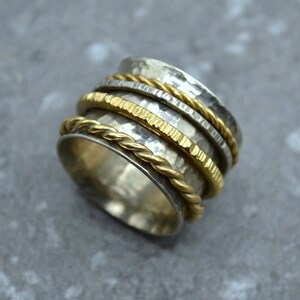4 bands Spinner Ring, Mixed Metals Anti Stress Ring, Sterling Silver Anxiety Ring, Extra Wide 18mm Hammered ring, Stress Relief Fidget Ring