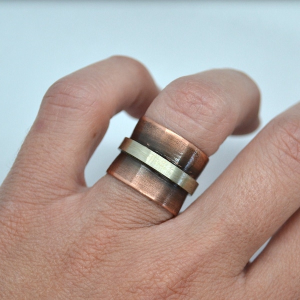 Unisex Two Tone Ring, Copper and Silver Ring, Minimalist Mens Ring, Wide Band Ring, Mixed Metal Ring, Oxidized Copper Ring, Modern Open Ring
