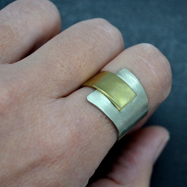 Silver and Gold Ring, Two Tone Unisex Ring, Ring, Minimalist Mixed Metal Ring, Wide Band Ring, Simple Ring, Mens Ring, Two metal Ring