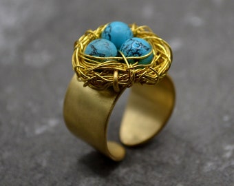 Bird Nest Ring with Eggs, Contemporary Turquoise Gemstones Ring, Unusual Chevalier Ring, Gift for Mom, Unconventional Wide Adustable Ring