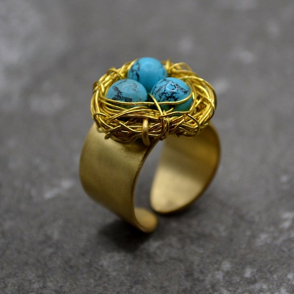 Bird Nest Ring with Eggs, Contemporary Turquoise Gemstones Ring, Unusual Chevalier Ring, Gift for Mom, Unconventional Wide Adustable Ring