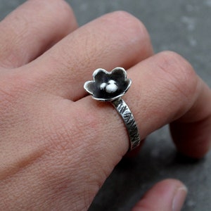 Oxidized Sterling Silver Flower Ring: Dainty Bohemian Jewelry