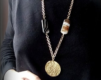 Statement Textured Necklace, Gold Circle Pendant,  Brass Disc Necklace, Agate Gemstone Necklace,  Gold Chain Necklace