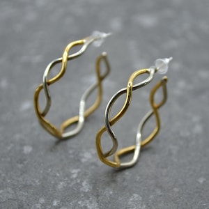Two Tone Everyday Hoops, Braided Stud Earrings, Mixed Metal Hoop Earrings, Gold and Silver Hoops, Wave Earrings, Artisan Hoop Earrings