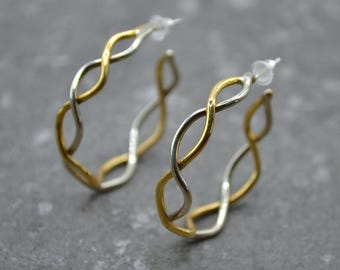Two-Tone Braided Hoop Earrings: Sterling Silver & Brass