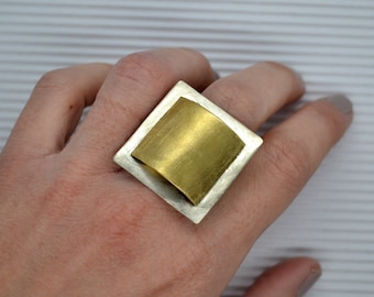 Statement Chunky Ring, Big Cocktail Ring, Bold Square Ring, Two Tone Ring, Silver and Gold Geometric Ring, Modern Contemporary Ring