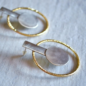 Modern Minimalist Earrings, Mixed Metal Statement Earrings, Contemporary Stud Earrings, Bold Circle Earrings, Geometric Two Tone Earrings