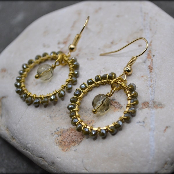 Delicate Beaded Hoop Earrings, Classy Small Hoops, Sparkly Lightwehight Earrings, Unique Wedding Hoop Earrings, Gold Wire Wrapped Hoops