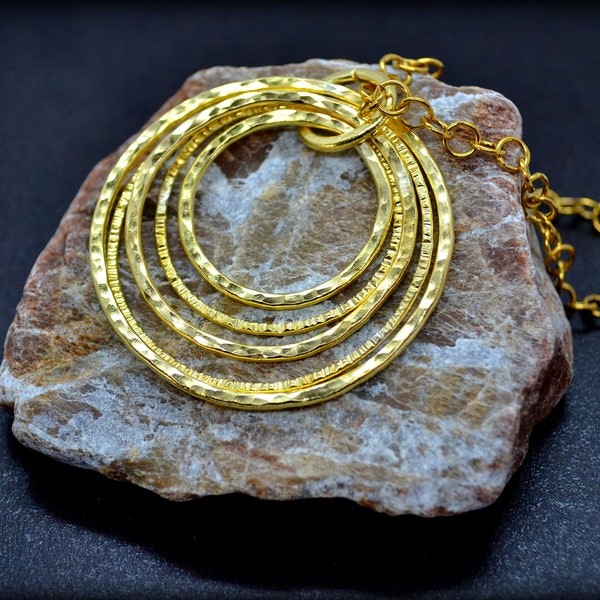 Gold Open Circle Necklace, Large Gold Pendant Necklace, Long Necklace, Gold Open Rings , Textured Pendant, Hammered Gold Statement Necklace