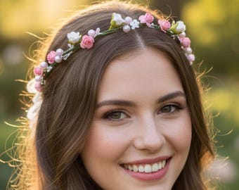 Floral Wedding Crown: Rustic Pink Paper Roses Bridal Headband