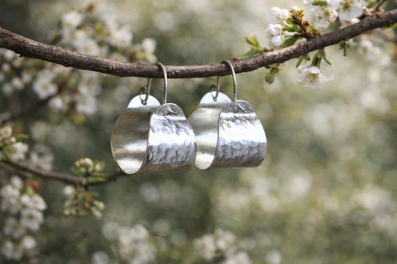 Silver Basket Hoop Earrings, Lightweight Hammered Earrings, Bold Wide Hoops, Textured Earrings, Minimalist Unique Earrings, Gift for her