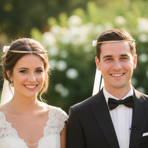 May include: A smiling couple poses outdoors. The woman wears a white lace wedding dress and a gold headpiece. The man wears a black tuxedo with a bow tie and a gold headpiece. They are in front of a blurred green background.