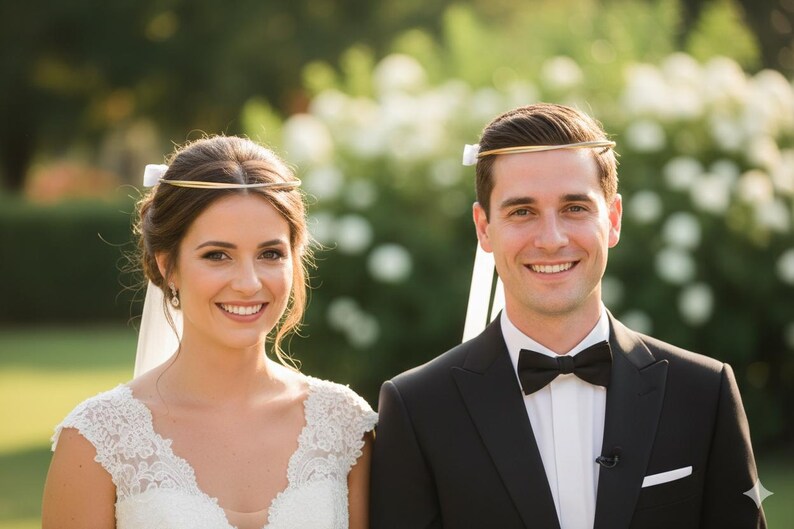 May include: A smiling couple poses outdoors. The woman wears a white lace wedding dress and a gold headpiece. The man wears a black tuxedo with a bow tie and a gold headpiece. They are in front of a blurred green background.