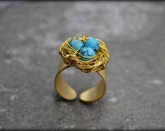 Handmade Bird Nest Ring: Turquoise Gemstone Eggs, Adjustable Wide