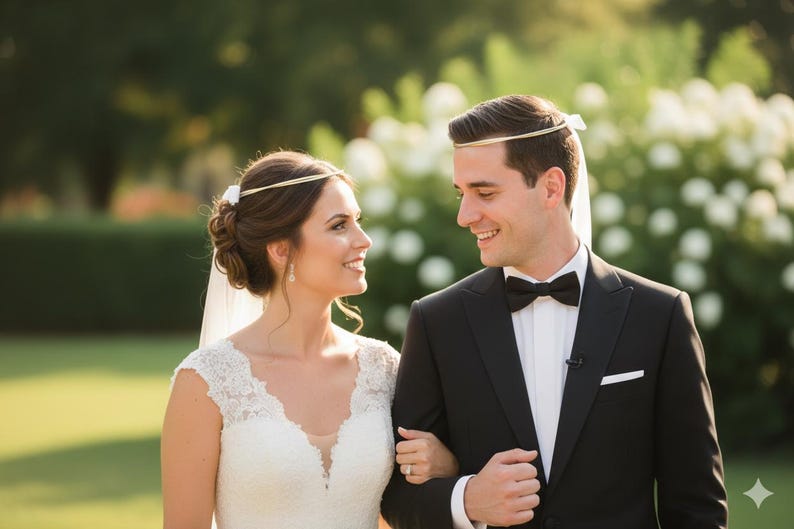 May include: A bride and groom are seen smiling at each other. The bride wears a white lace wedding dress and a gold headpiece. The groom is in a black tuxedo with a bow tie. They are outdoors in a garden setting.
