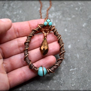 Handcrafted Artisan Copper Pendant: Turquoise Long Boho Necklace