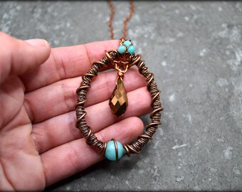 Artisan Copper Necklace, Contemporary Pendant Necklace, Wire Wrapped Pendant, Long Turquoise Gemstone Necklace, Big Copper Drop Pendant