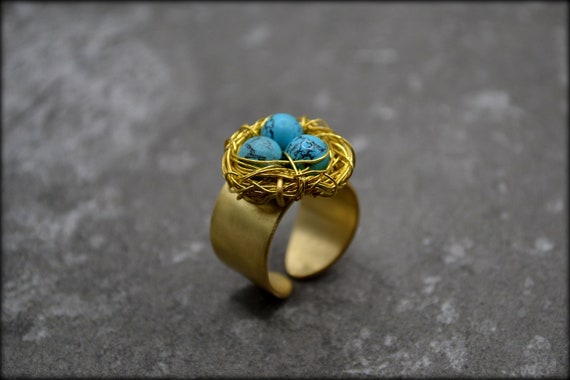 Bague nid d oiseau avec ufs bague contemporaine en pierres precieuses turquoise bague chevalier insolite cadeau pour maman bague large ajustable non conventionnelle Etsy France
