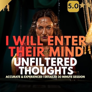 以下が含まれることがあります： ジュエリーを身につけた真剣な表情の女性が写った画像で、「I WILL ENTER THEIR MIND UNFILTERED THOUGHTS」というテキストが書かれています。点灯したろうそく、ランプ、「PREMIUM SERVICE」、「5.0」の文字も含まれています。