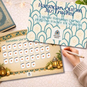 Peut inclure: Deux trackers Ramadan Qur'an Juz, aux tons de bleu sarcelle et beige. L'un présente un tableau de progression avec des icônes de livres, des lanternes et le texte "Ramadan Qur'a". L'autre affiche "Ramadan Qur'an Juz Tracker".