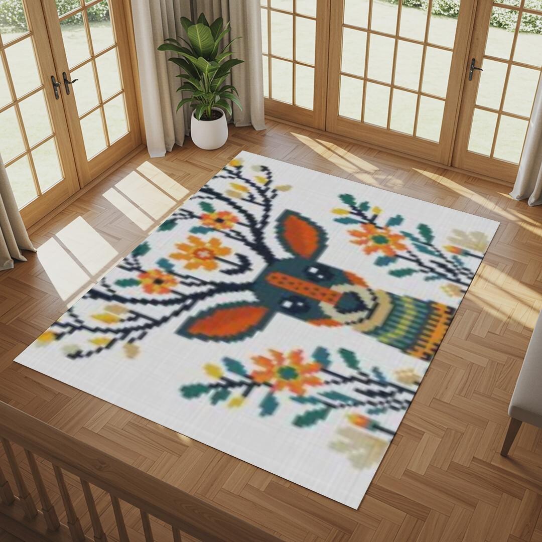 Rug With Whimsical Folk Art Deer and Floral Antlers, Washable Non-slip ...