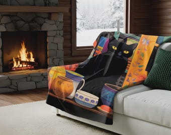 Black Cat Sherpa Fleece Blanket, Whimsical Pottery Art Throw