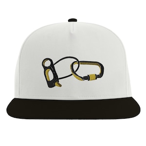Logo Trucker Hat Snapback Cap, Climbing Belaying Pin Embroidery, Retro Mountain Accessory, Locking Carabiner Design