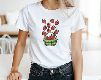 Camiseta de fresas, camiseta con estampado gráfico, regalo para amantes de la gastronomía de algodón suave.