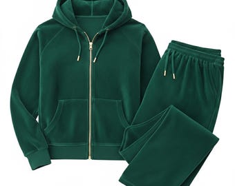 Emerald Green Velour Tracksuit Set | Luxury Velvet Zip-Up Hoodie | Soft Winter Loungewear Two-Piece Set|perfect birthday gift