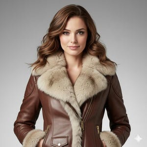 May include: A brown leather jacket featuring a beige fur collar and cuffs. The jacket has a zip closure and quilted shoulder detailing. The model is wearing the jacket.