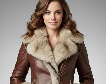 Könnte beinhalten: Braune Lederjacke mit beigem Pelzkragen und Manschetten. Die Jacke hat einen Reißverschluss und gesteppte Schulterdetails. Die Person trägt die Jacke.