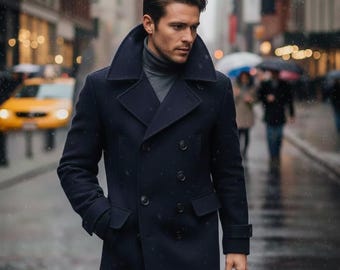 Cappotto Lungo Vintage In Lana Blu Navy – Doppio Petto Taglia 40-42 – Anni '60
