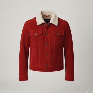 May include: A red suede jacket with a cream-colored shearling collar. The jacket has two chest pockets, button closures, and a classic trucker style. The jacket is a bold statement piece.