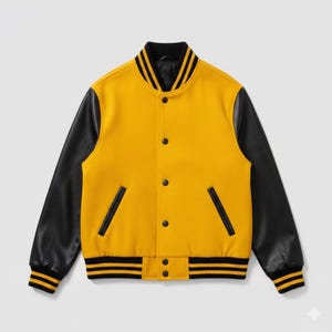 Gul och svart varsityjacka för män, Letterman-jacka med svarta läderärmar, klassisk basebollbomberjacka, retro college-inspirerad sportkläder