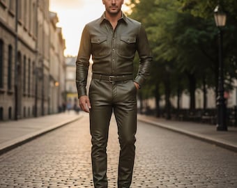 Men's Custom Olive Green Leather Suit - Slim Fit Real Leather Shirt and Matching Trousers Set - Handmade Genuine Leather Two-Piece Outfit