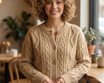 Beige Cable Knit Cardigan – Women Button Up Sweater, Cozy Winter Knitwear, Soft Minimalist Aesthetic Top