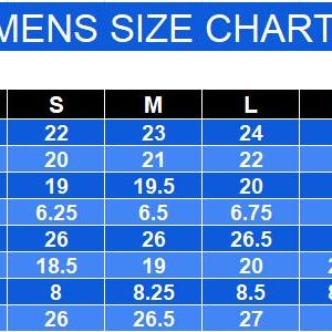 May include: A blue and white men's size chart with measurements for chest, waist, shoulder, half shoulder, sleeves, collar, bicep, and back length. Sizes range from XS to 3XL, with measurements in inches.